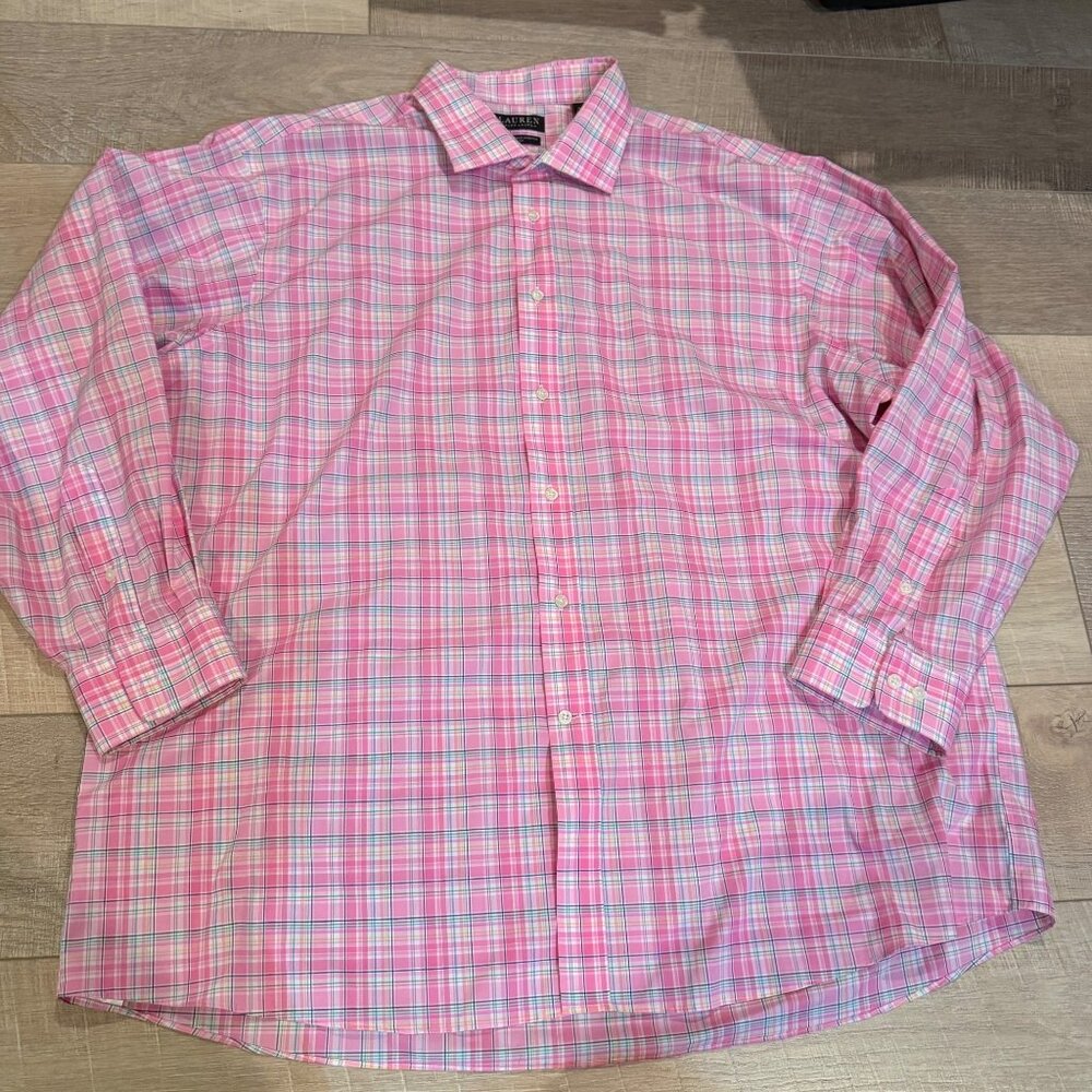 Lauren Ralph Lauren Non-Iron Pink Plaid Button-Down Long Sleeve Shirt Size 18.5